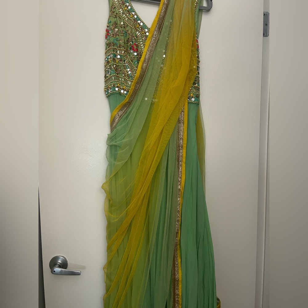 Embellished Green & Yellow Saree with Beaded Bodice
